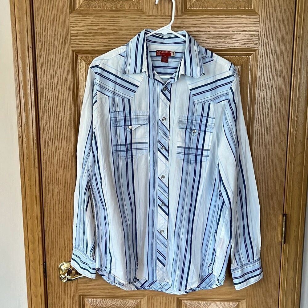 Guess Mens Blue White Pearl Snap Long Sleeve Shirt Size Small